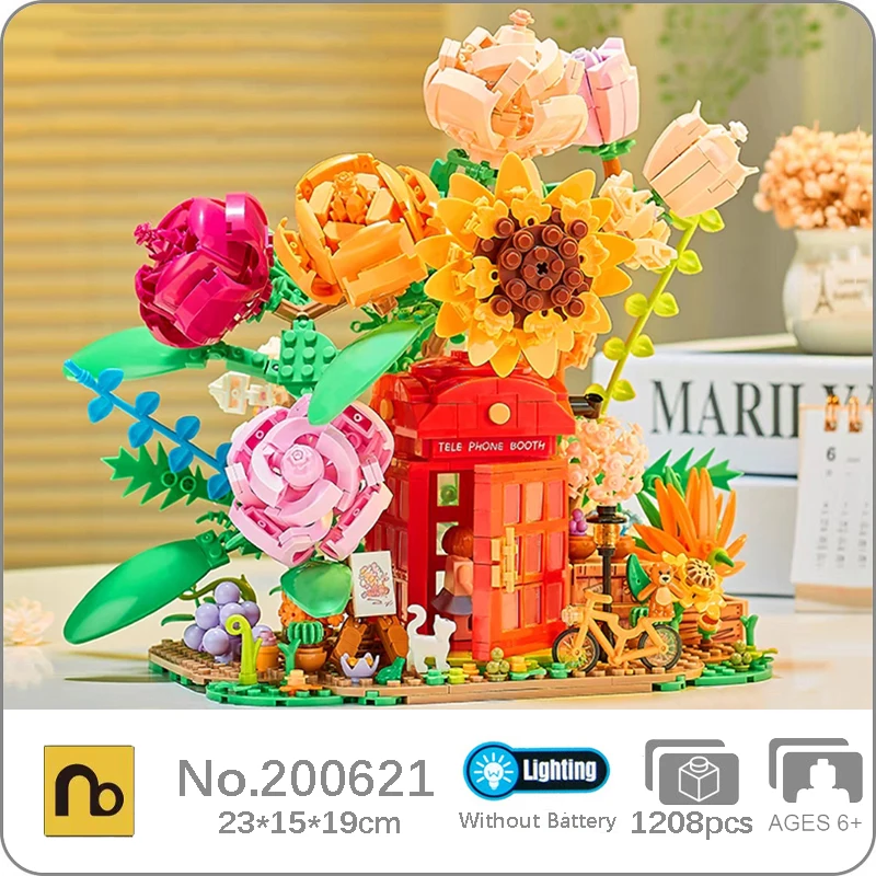 

Хорошая консервированная телефонная будка со свежим цветком, роза, подсолнух, лист, собака, свет, 3D DIY, мини-алмазные блоки, кирпичи, строительная игрушка, без коробки