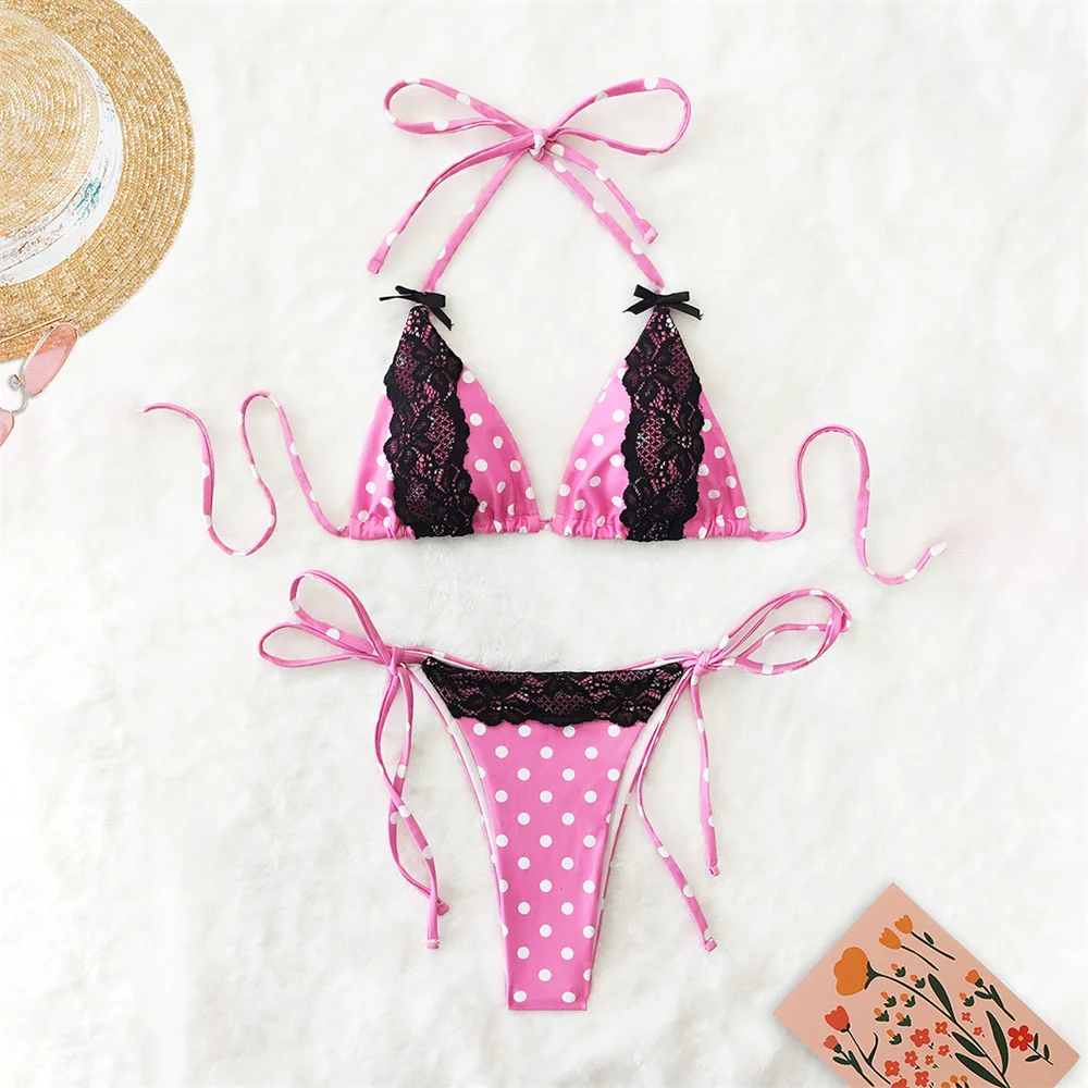 

Sexy Pink Black Lace Bikini String Dot Bowknot Swimsuit Y2K Vacation Swimwears Women Beach Outfits Bathing Suit Bikinis De Mujer