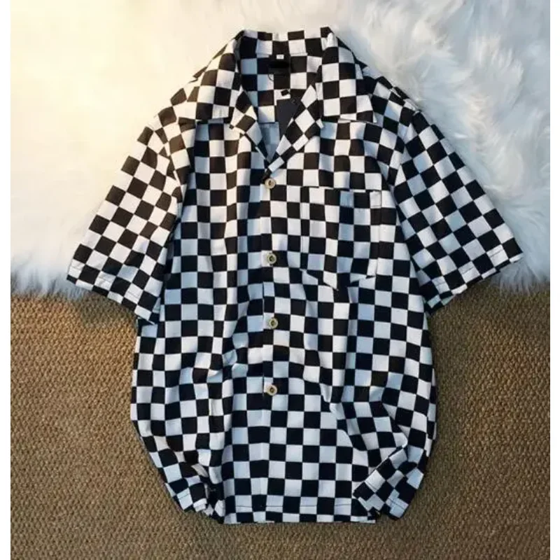 Men Summer Blouse Chess Shirt Grid White Black Plaid Fashion Thin