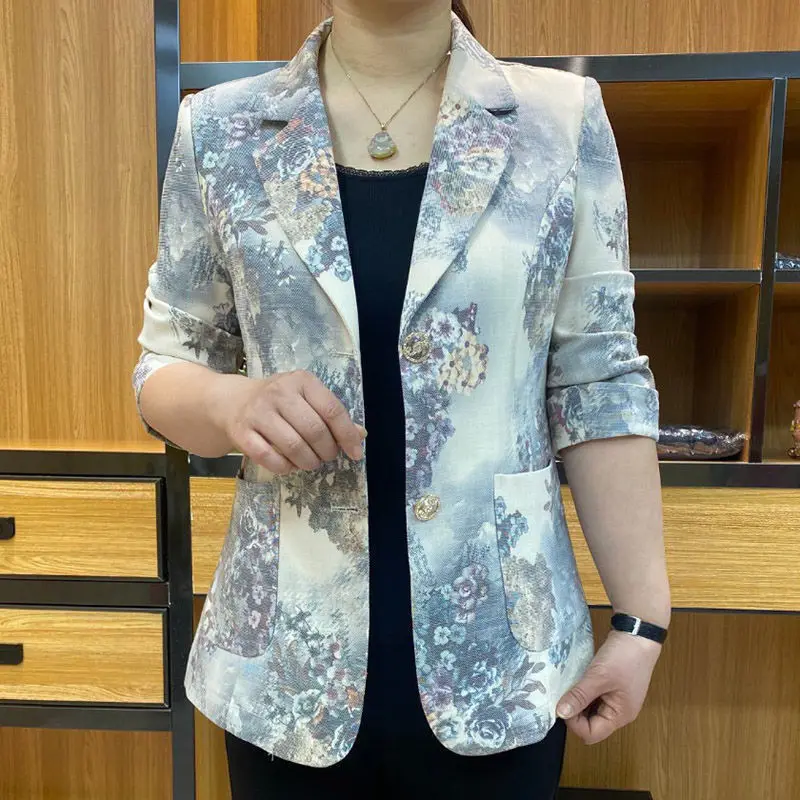 Spring Summer Tailored Collar Fashion Three Quarter Blazers Women High Street Casual Printing Button Pockets Patchwork Cardigan