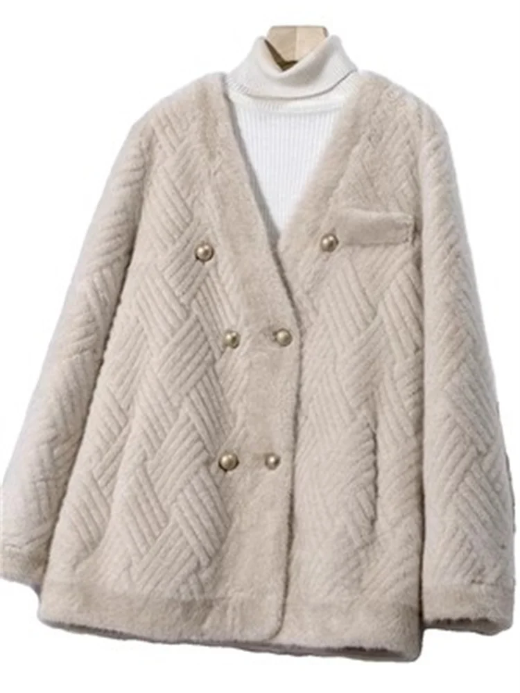 Abrigo de piel de visón de gamuza para mujer, cárdigan de doble botonadura, cárdigan de manga larga, prendas de vestir cálidas, invierno, nuevo, 2023