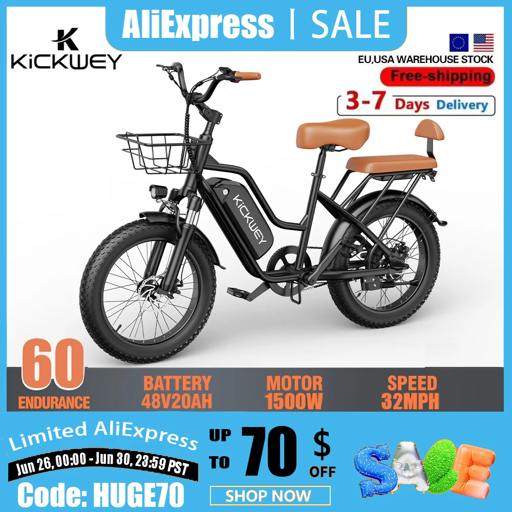 Electric Bike for Adults，20'' 1500W Peak Ebike, Up to 50 Miles 32MPH Electric Mountain Bike with 48V 20AH Removable Battery