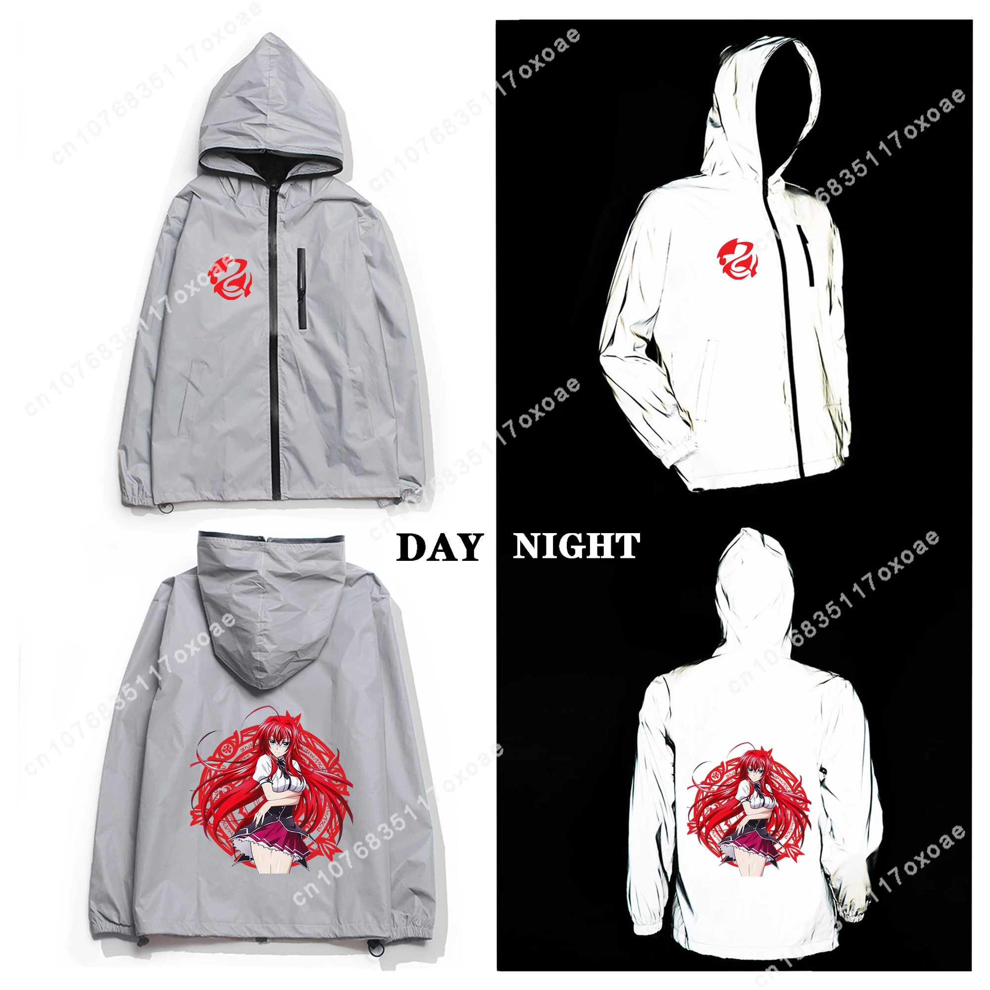 

High School DxD Rias Gremory Reflective Jacket Mens Womens Coat Hooded Windbreaker Pocket Jackets Anime Customization Hoodie