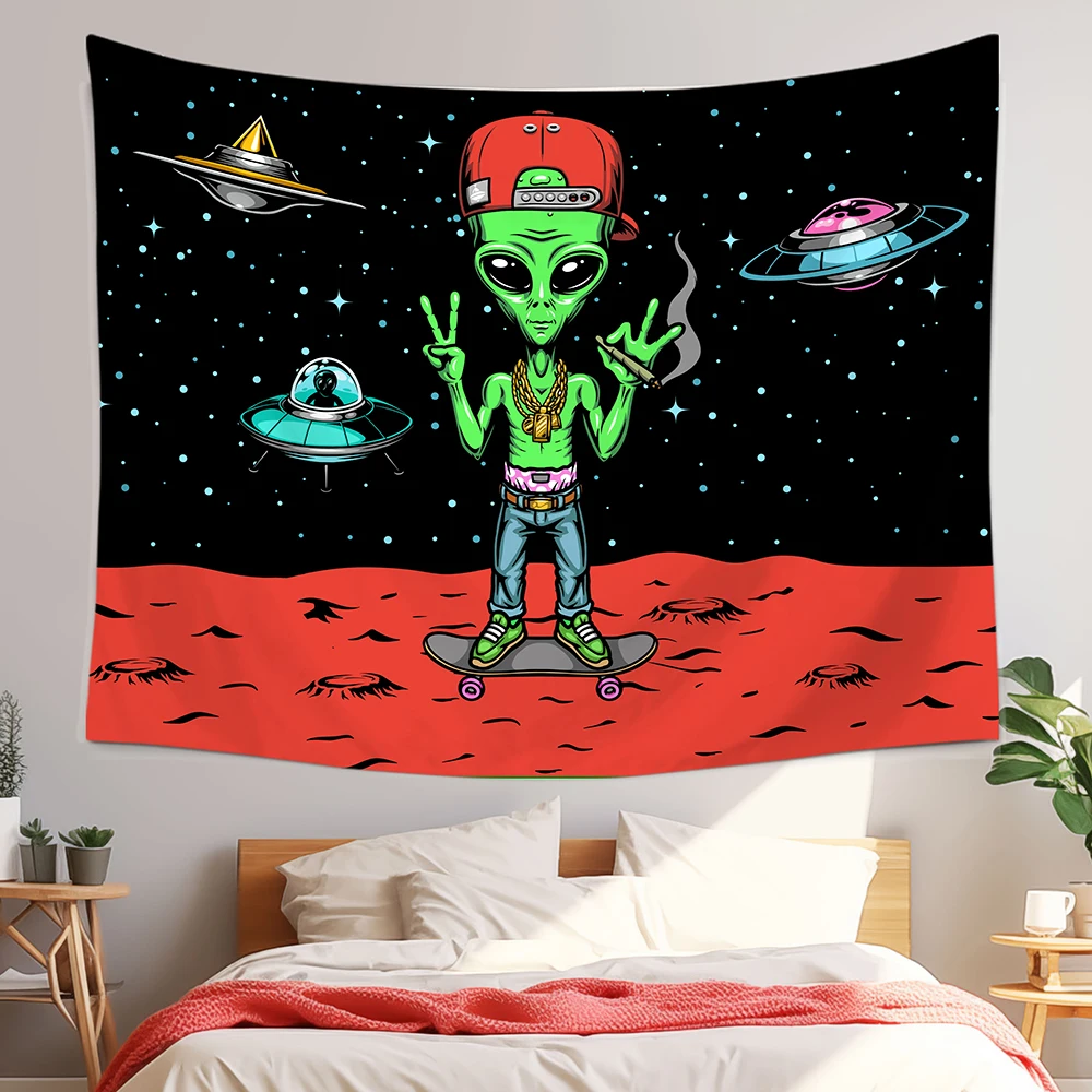 1 Piece Hip-Hop Alien Skater Tapestry | Space-Themed Wall Hanging for Dorm & Bedroom This cosmic wall art infuses your space wit