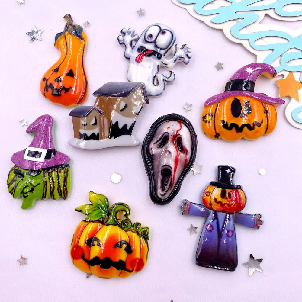 8Pcs Resin Colorful 3D Big Pumpkin Skull Head Ghosts House Witch Figurines Flat back Stone Decor DIY Halloween Scrapbooks Crafts