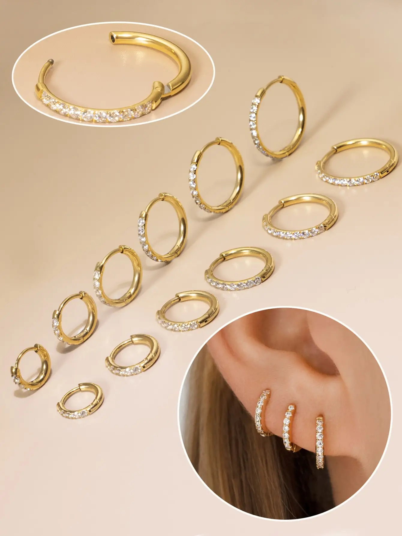 

Gold Huggie Hoop Earrings with Cubic Zirconia for Women, 6-16mm Sizes, Stainless Steel Cartilage Piercing Jewelry