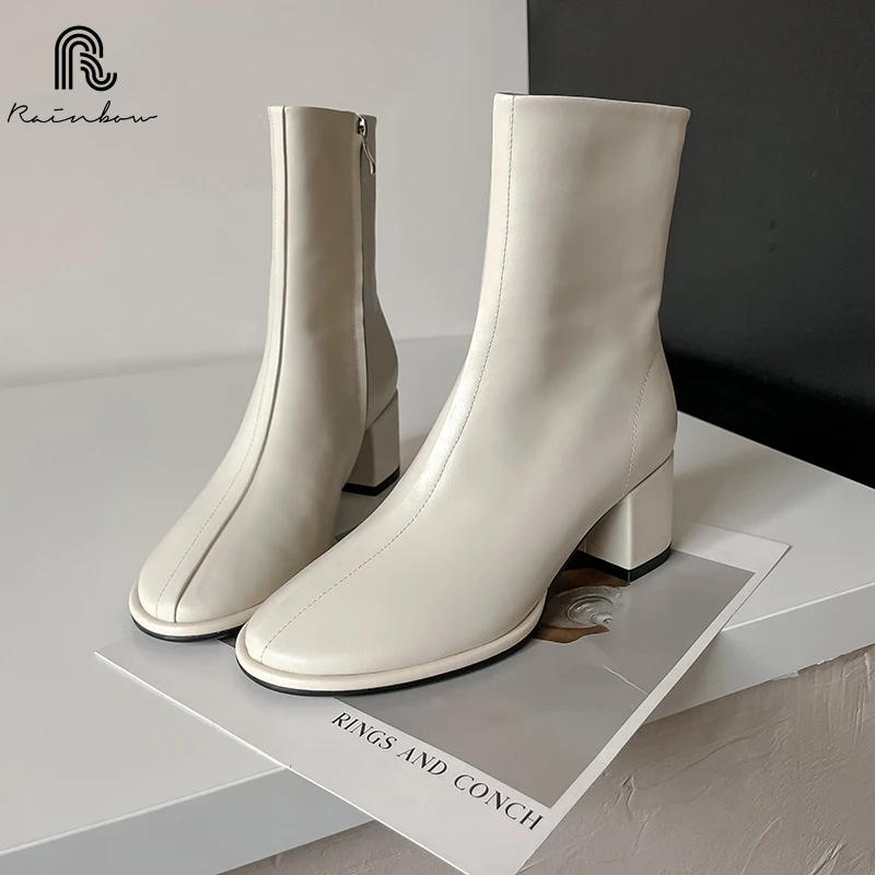 

RAINBOW 33-40 New White/Black Women Short Ankle Boots Ins Fashion Chunky High Heels Winter Shoes For Womn Side Zipper Round Toe