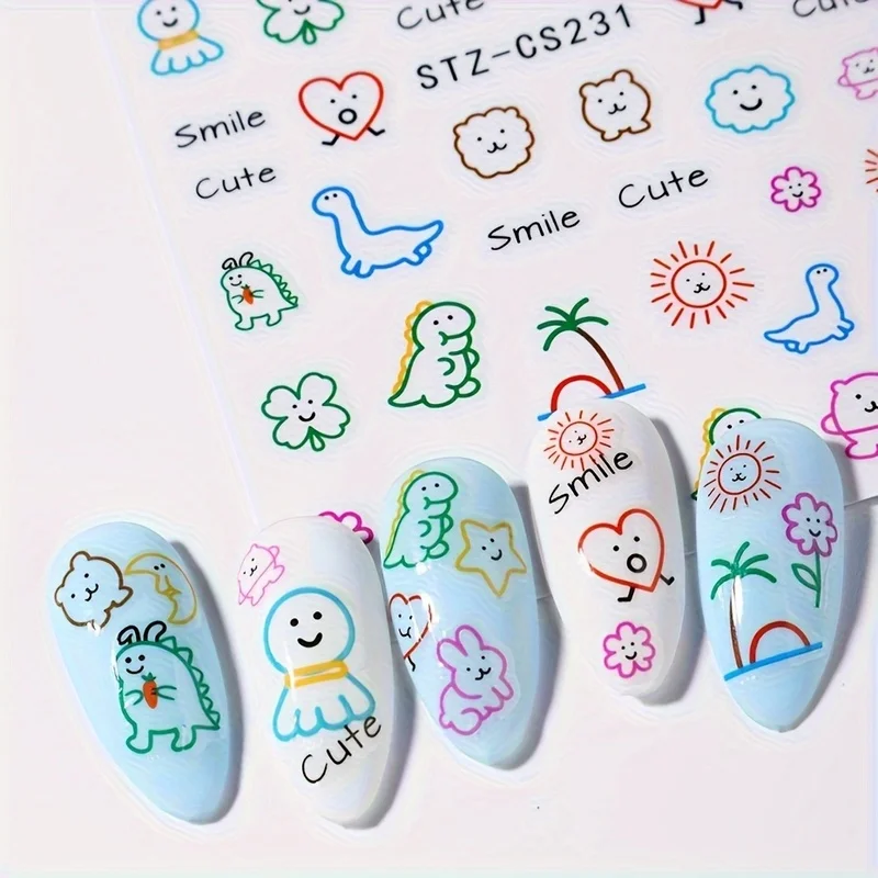 Cartoon Animal Nail Stickers - Cute Dinosaur and Japanese-style Sun Face Stickers，Maple Leaf Nail Art Decoration，Plastic Self-ad