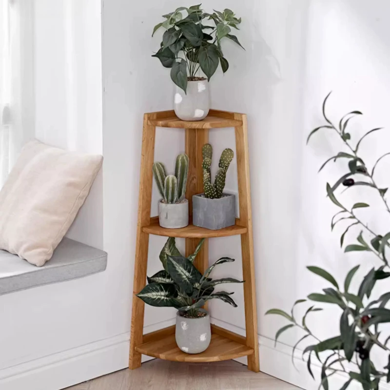 Solid Wood Corner Storage Rack Triangle Living Room Bookshelf Wooden Plant Display Stand for Bedroom Balcony Magazine Rack