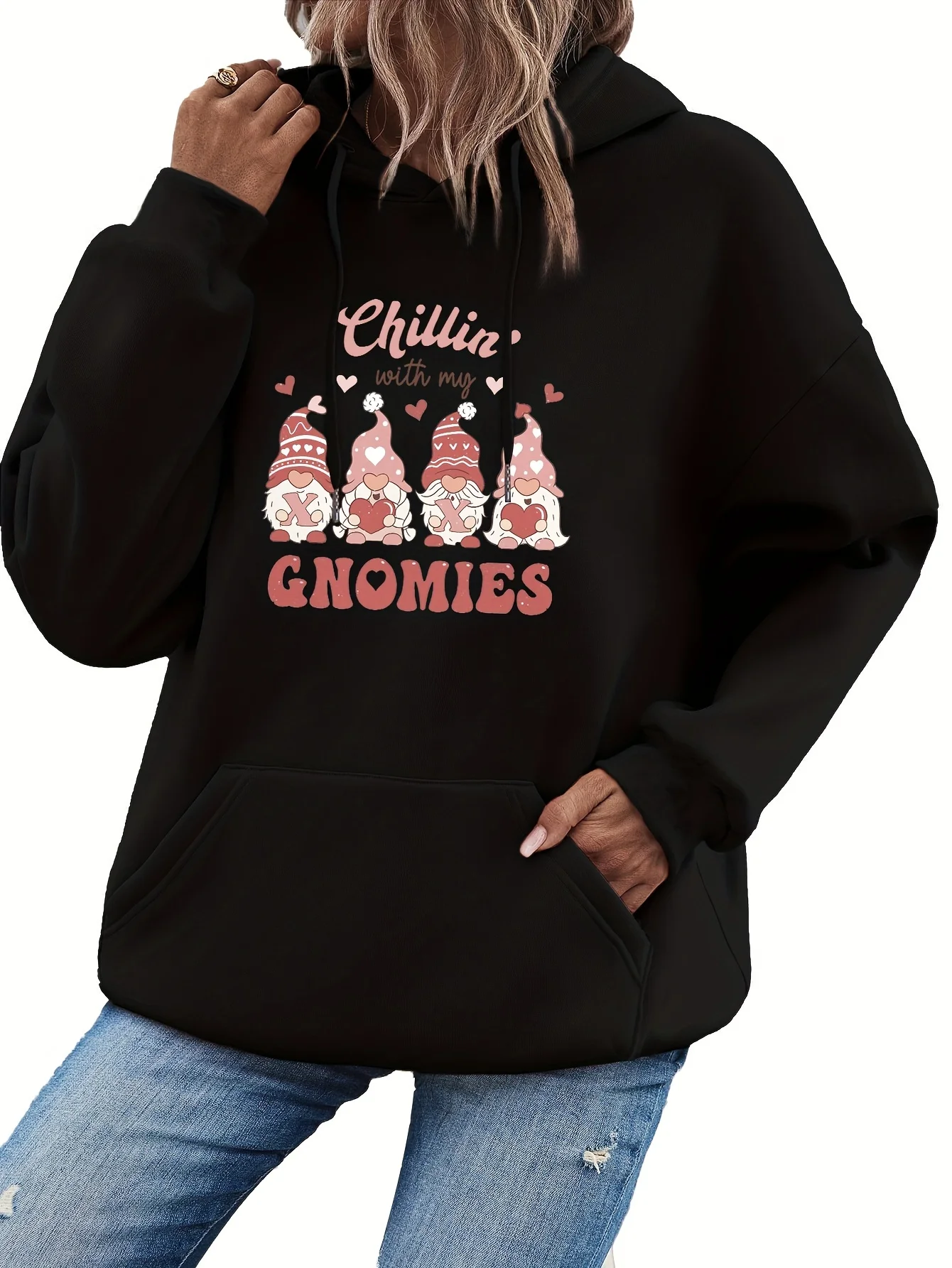 Christmas Midget Print Drawstring Hoodie, Casual Long Sleeve Pocket Hoodie, Sweatshirt