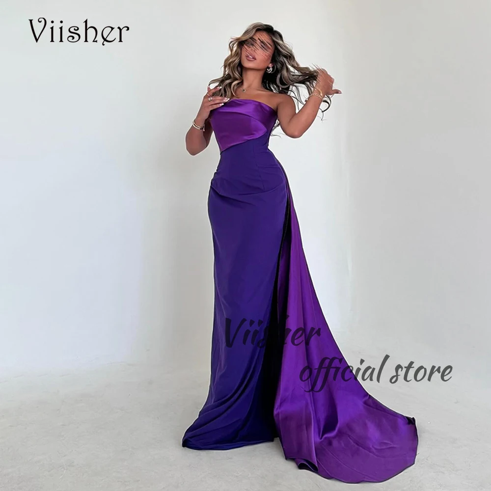 

Viisher Purple Mermaid Evening Dresses for Women Strapless Arabian Dubai Prom Dress with Train Long Satin Formal Occasion Gowns