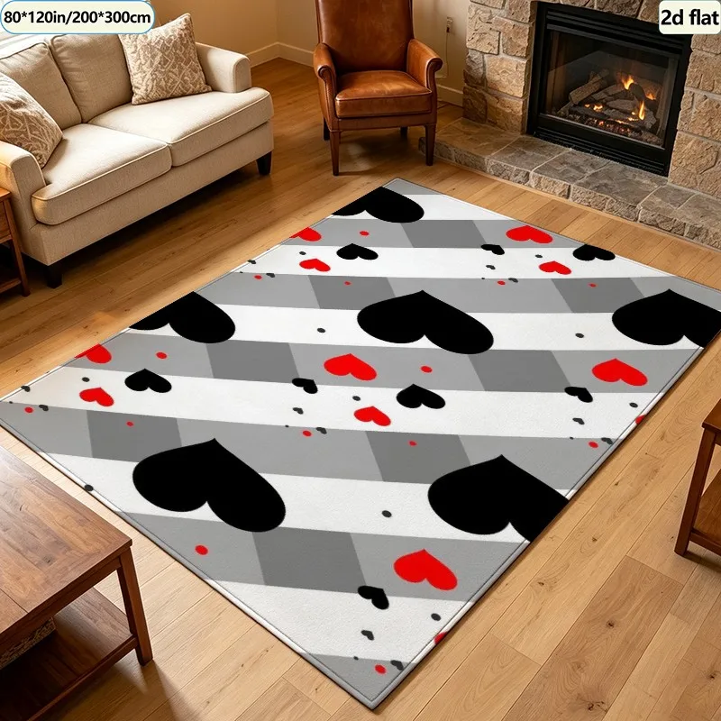 1 Piece of Gray and White Diagonal Striped Carpet with Black and Red Heart-Shaped Pattern, Soft and Comfortable, Suitable for All Seasons, Lightweight and Easy to Maintain, Home Decor, Living Room Decor, Bedroom Decor, Dining Room Decor, Winter, Autumn