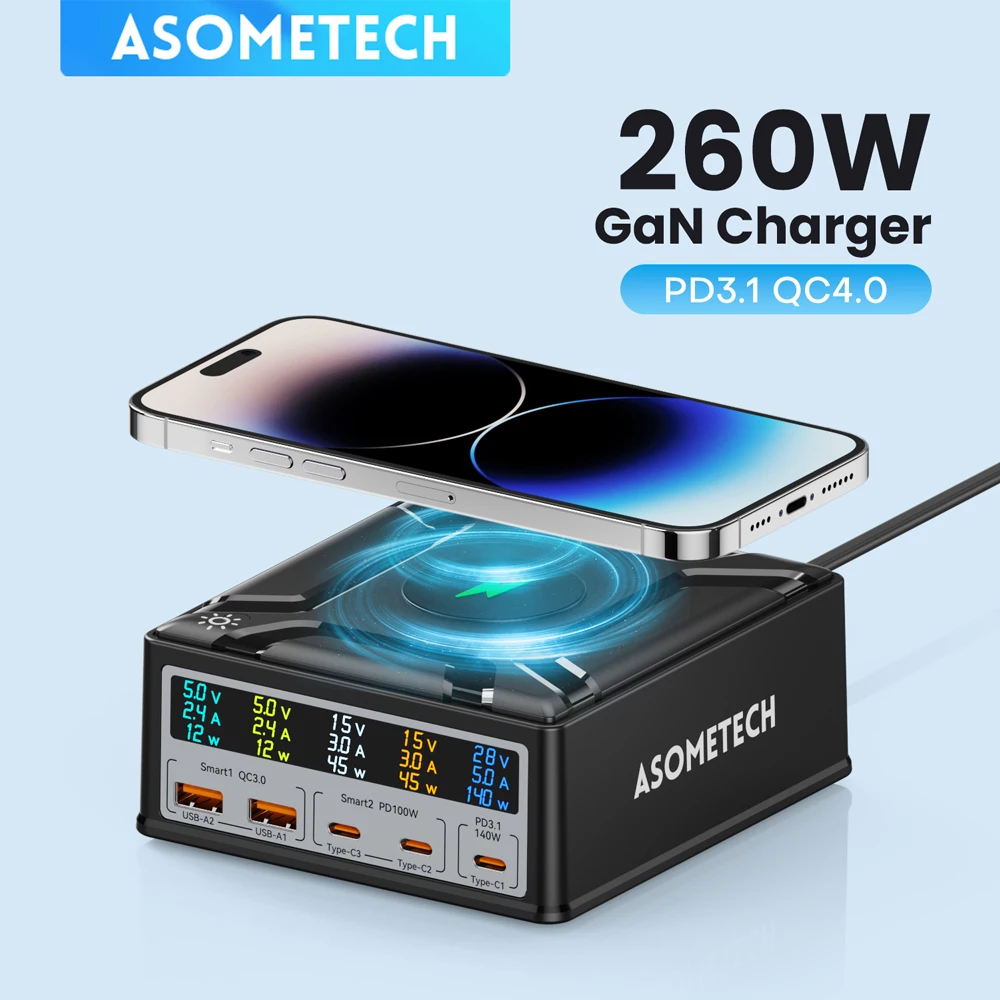 260W USB C GaN Charger, Desktop Wireless Charger PD3.1 140W 100W Fast Charging Station, Power for MacBook Pro iPhone 15 Samsung