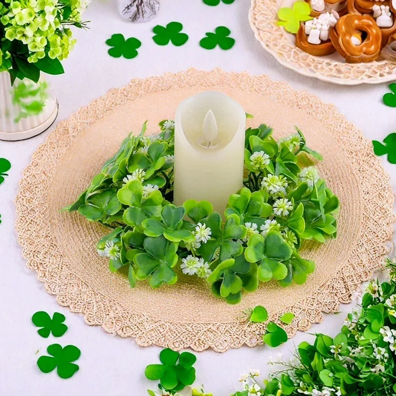 1 Stück St. Patrick's Day Kleeblatt-Kranz Deko Mini-Kerzenhalter Festliche Tischdekoration Blumenkranz Ambiente-Arrangement Requisite