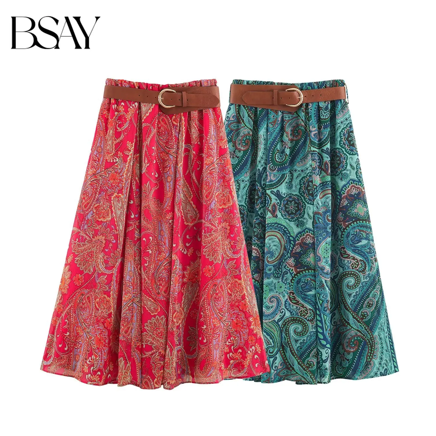 BSAY Boho Paisley Print Midi Skirt Women Elastic High Waist A‑Line Long Skirt With Belt Vintage Bohemian Holiday Casual Skirts