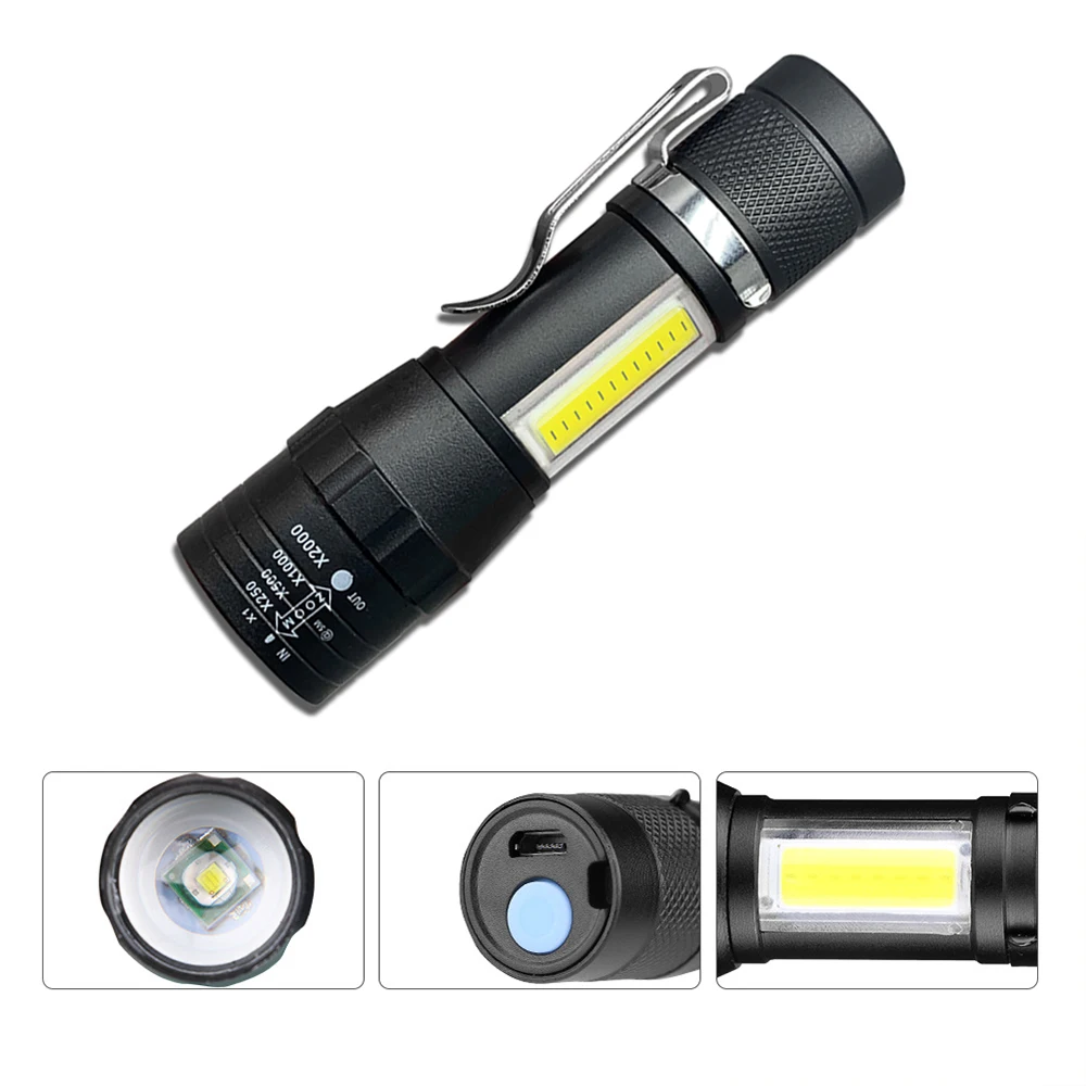 Portable LED Flashlight XPE COB Light Rechargeable Flashlight Built-in Battery Zoom Flashlight 3 Mode ​Anti-slip And Water