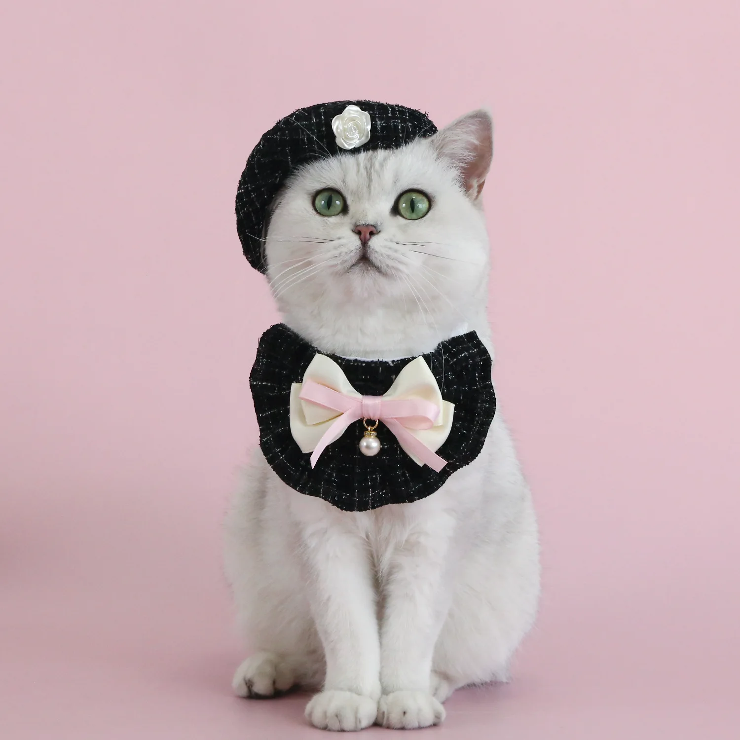 Haustier Katze Strickmütze Set Prinzessin duftende Baskenmütze Perle Schleife Blume Hund Hüte Paddel Set für Teddybär Welpen Katze Party Dress Up – Detail 11