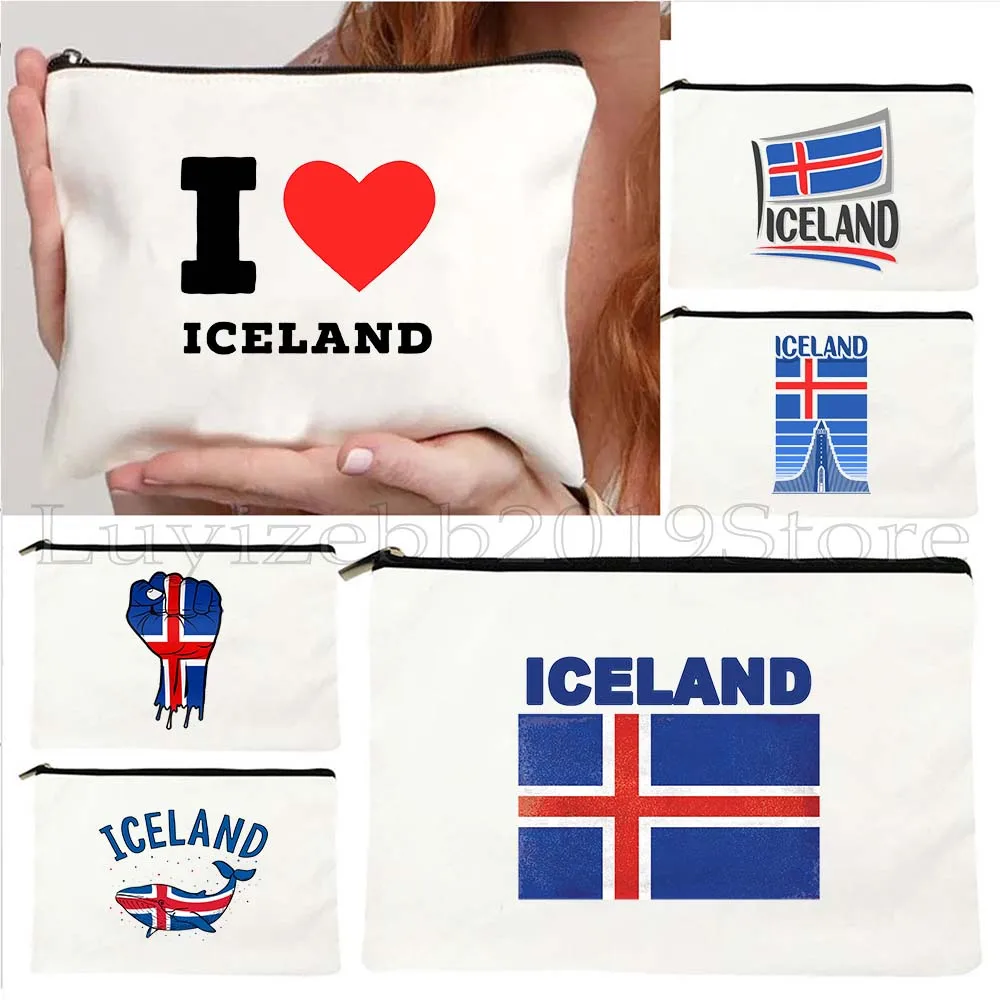 

Iceland Heart Flag Coat of Arms Map Reykjavik Landmark Souvenir Stamp Viking Canvas Cosmetic Makeup Bag Pencil Case Zipper Pouch