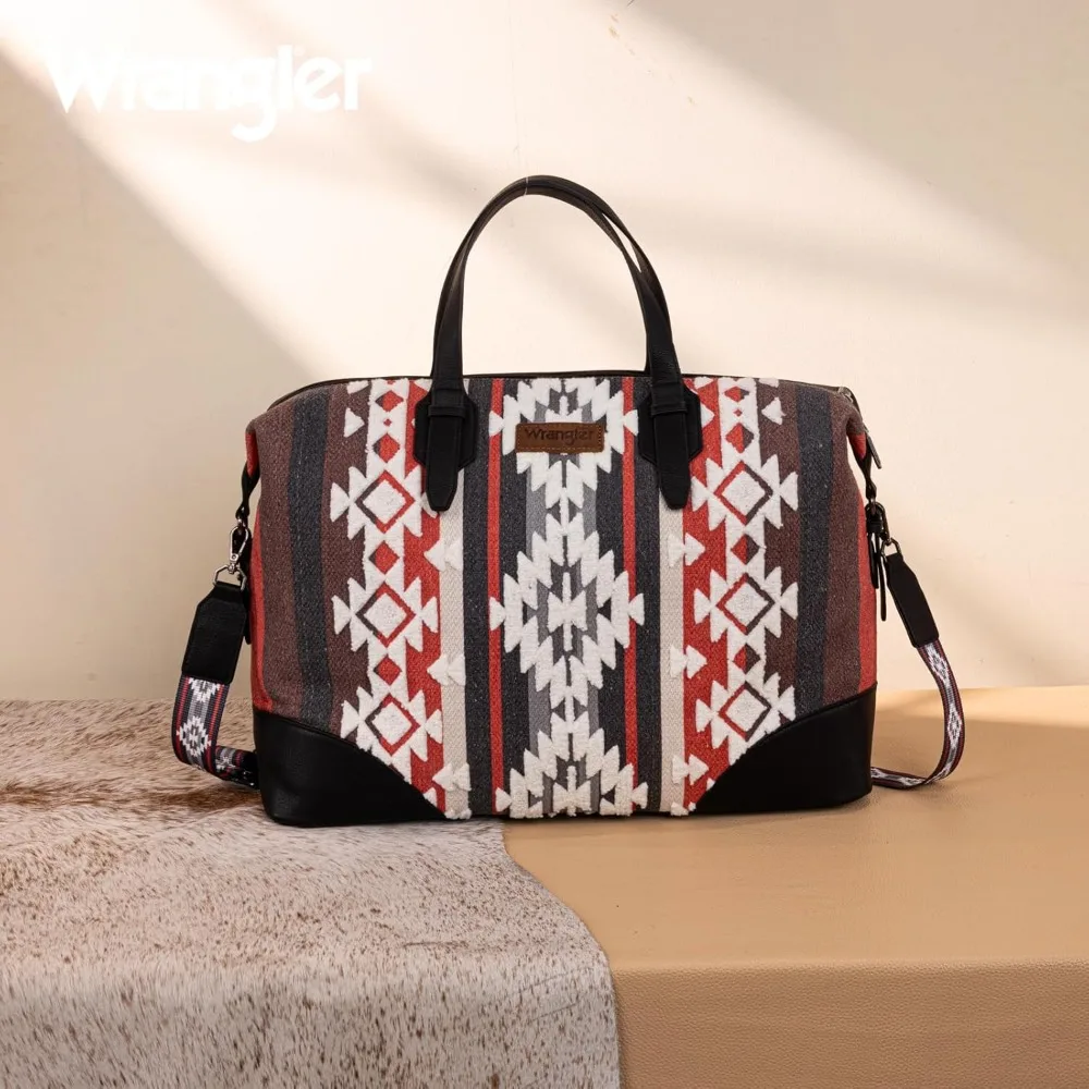 حقيبة من القماش الخشن للسيدات بنمط أزتيك للسفر في عطلة نهاية الأسبوع باللون الأسود