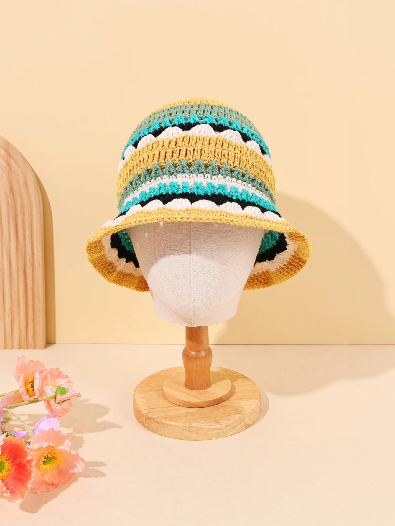 قطعة واحدة من قبعة منسوجة مصنوعة يدويًا مع تصميم زهور عصري، قبعة صيد للدفء في الخريف والشتاء #1