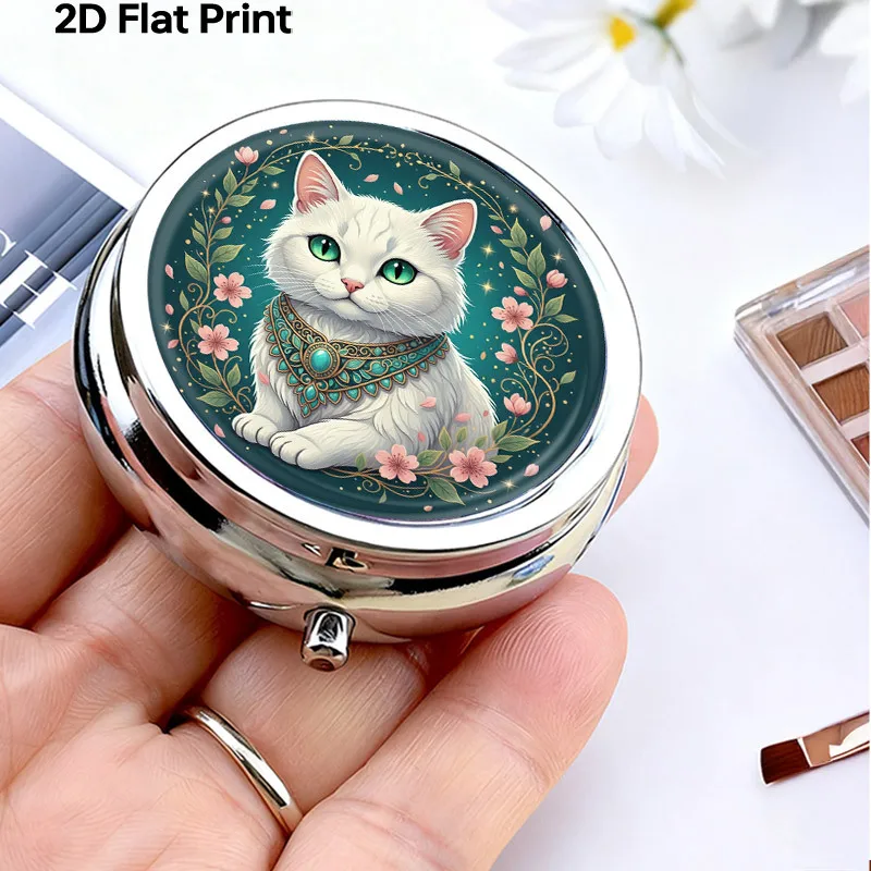 Portable Metal Pill Box, Three-Compartment Mini Travel Pill Box, Compact and Portable, Can Fit into a Wallet Pocket, Elegant White Cat and Pink Floral Design, Luxurious Turquoise Decoration, Small Jewelry Storage Box, Daily Vitamin Organizer, Durable and Creative Gift
