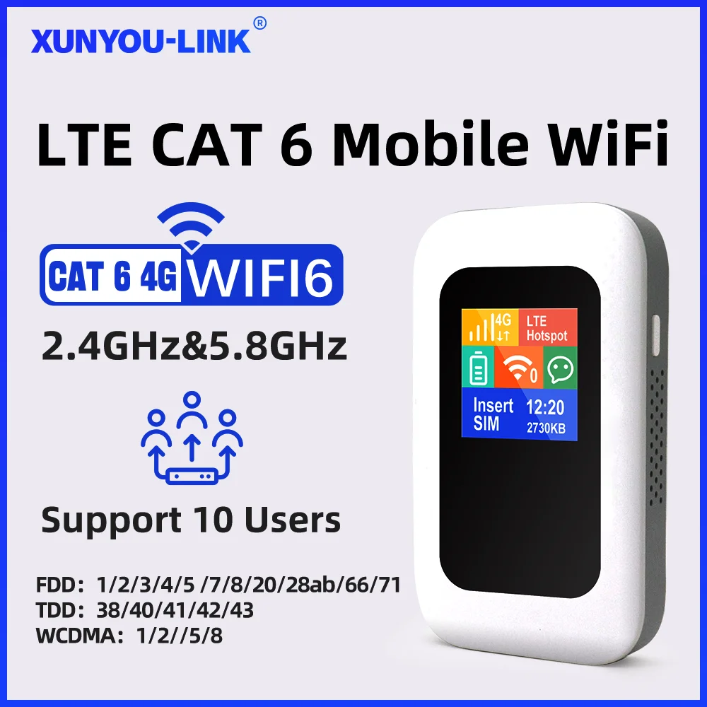 

XUNYOU-LINK Cat 6 LTE Mobile WiFi Router 4G+ WIFI 6 Portable Hotspot with 3000mAh Battery High-Speed Internet Pocket WiFi Modem