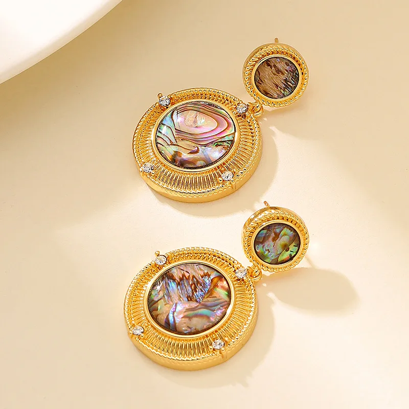 Retro style mid-century style round natural abalone shell earrings, elegant and majestic face-slimming commuting earrings
