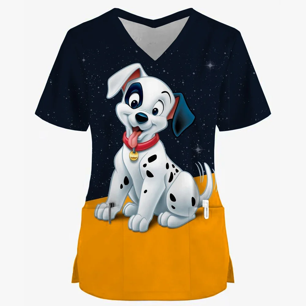 

Nurse Uniforms Women Disney 101 Dalmatians Dog Short Sleeve V-neck Scrubs Working Medical Blouse Overalls Uniforms Medical Nurs