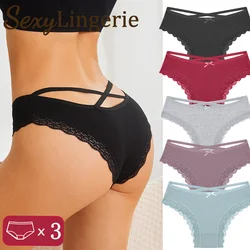 3PCS Women Cotton Underwear Sexy Lace Edge Ladies Panties Strap Panty Mid Waist Solid Color Female Comfortable Underpants Briefs