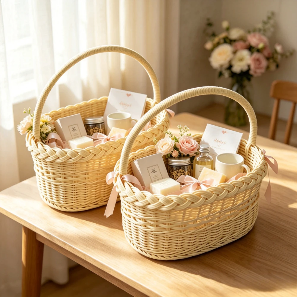 Handwoven Imitation Rattan Picnic Basket with Handle Portable Storage Basket for Outdoor Picnic Grocery Shopping Home Decoration view 6