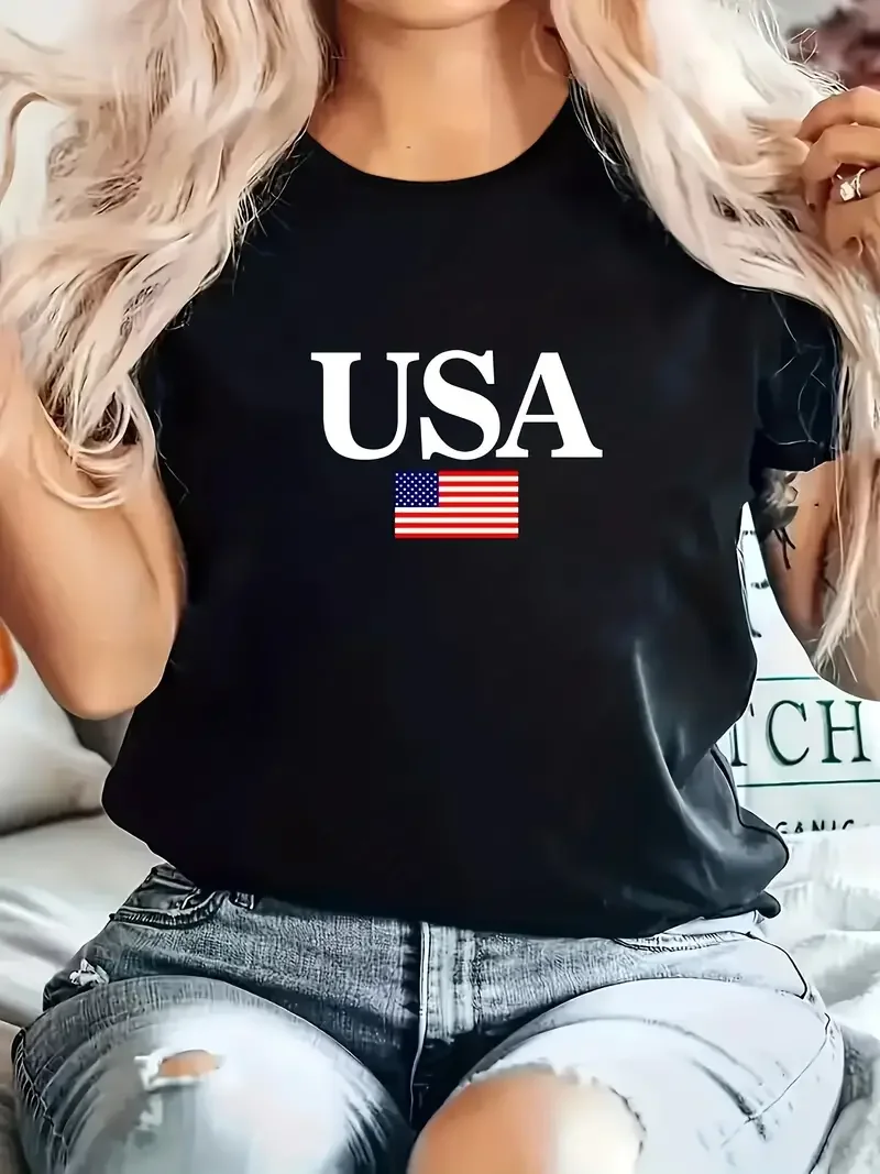 USA Flag Printed Short Sleeved Casual Women's Fashion Women's Pattern T-shirt Women's Printed Summer T-shirt