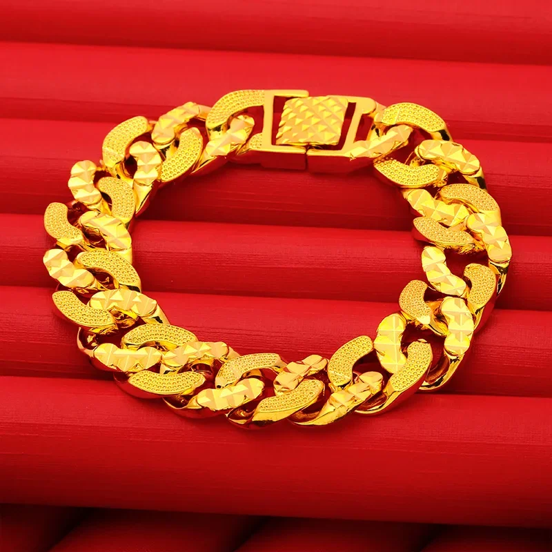 Pure 18 K Color Bracelets for Men Bro Father Boss Yellow Gold Color Classic Jewelry Thickening Bangle Never Fade