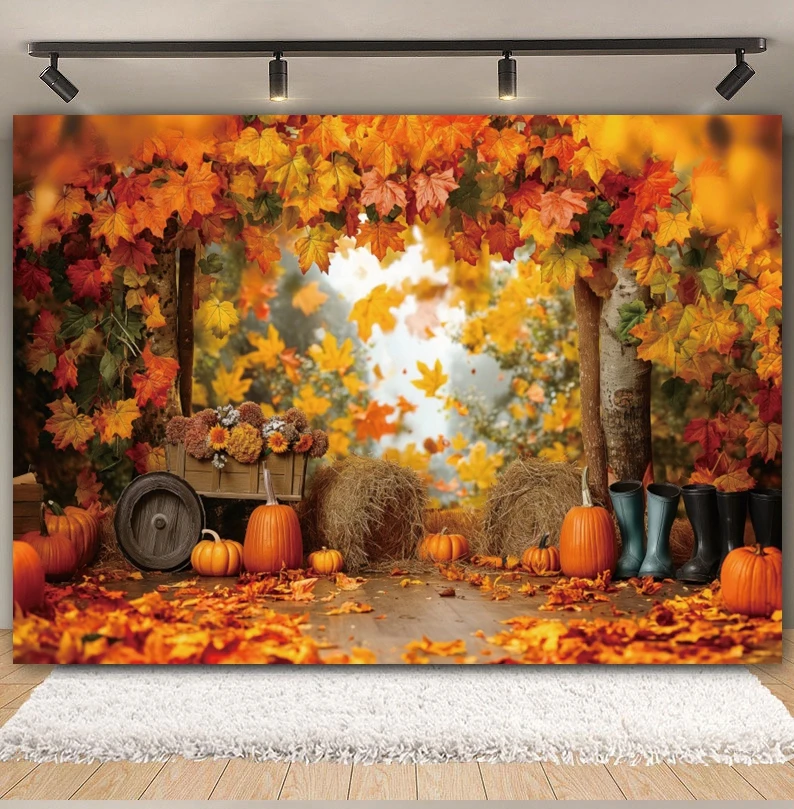 Autumn Fallen Leaves Sunshine Backdrop for Photography Fall Farm Harvest Pumpkin Sunflower Baby Portrait Background Photo Studio