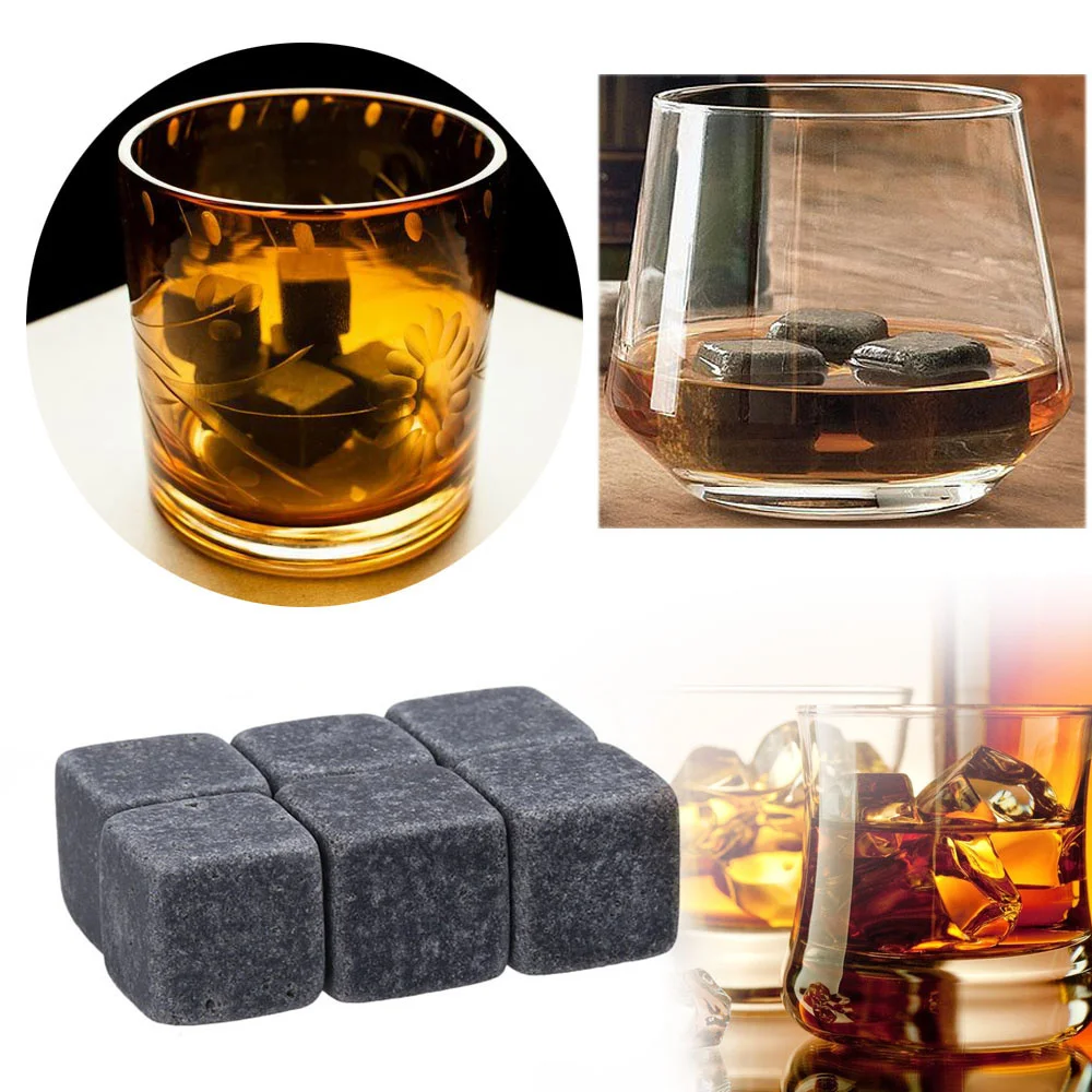 Whiskey Stones 6pcs Sipping Ice Cube Cooler Reusable Whisky Ice Stone Whisky Natural Rocks Bar Wine Cooler Party Bar Accessories