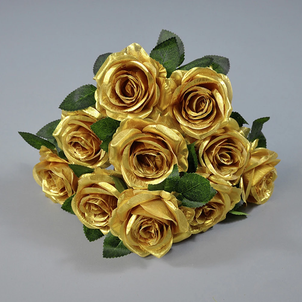 

1 Bunch Artificial Silk Roses Gold Fake Flowers Lifelike Wedding Bouquet Decor Table Home Office Party Gold Rose Vase Fillers
