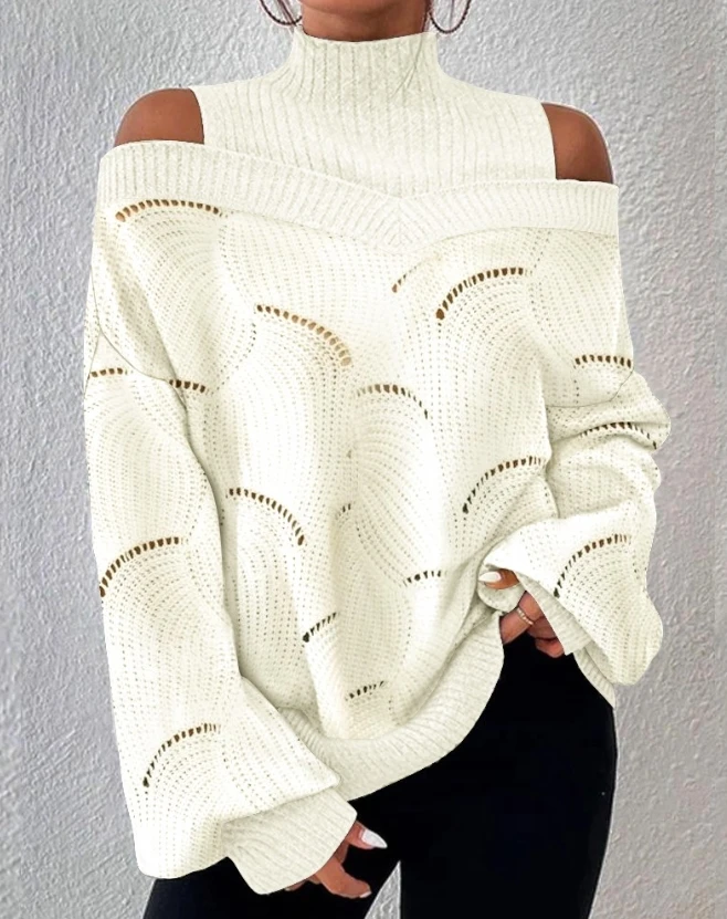 Women\'s Sweater Autumn Cold Shoulder Lantern Sleeve Hollow Out Casual Knit Plain Long Sleeve Loose Daily Pullover Sweater