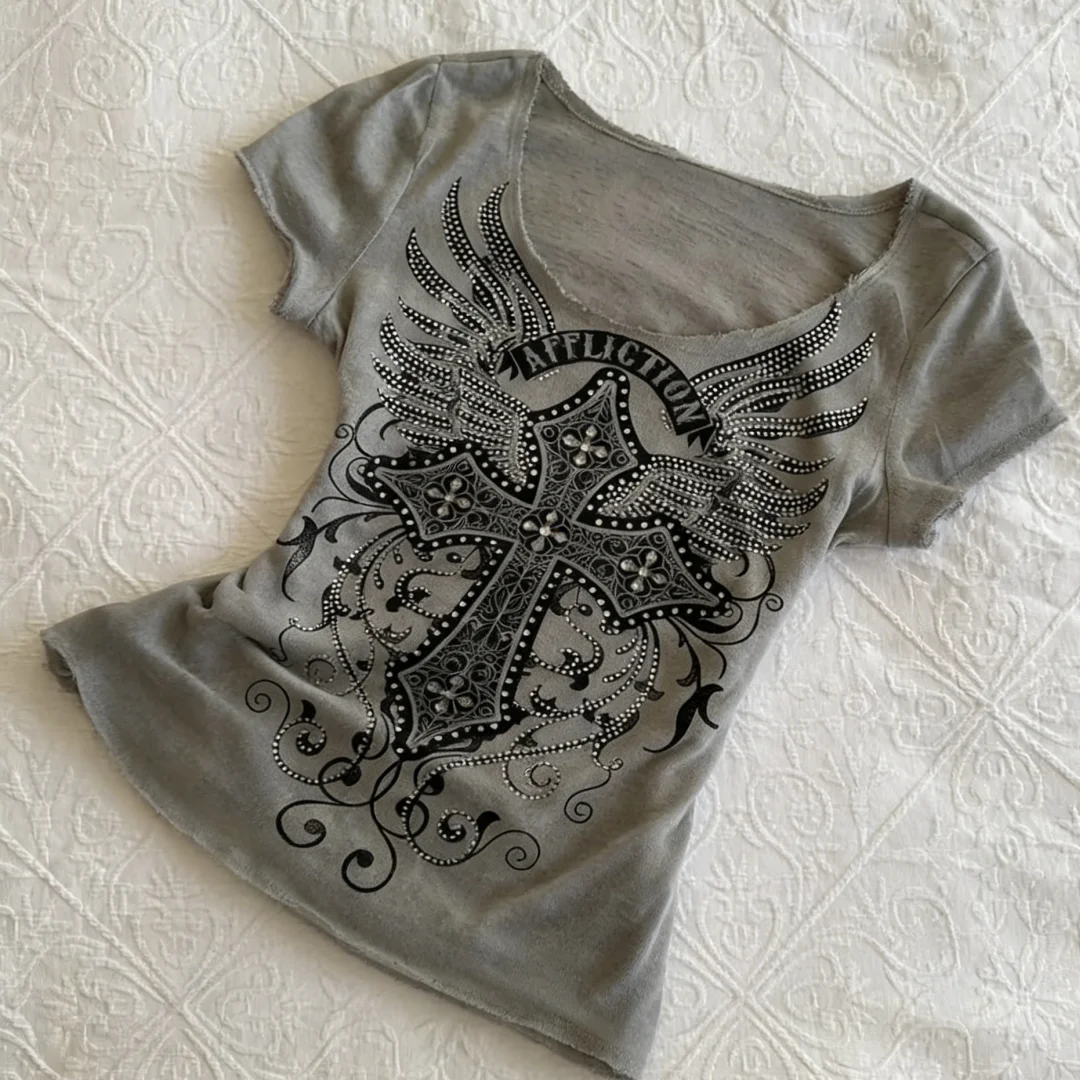 Grey Gothic Tee Women 2026 Rhinestone Cross Wing Detail Raw Edge Neck & Hem Y2K Aesthetic Streetwear