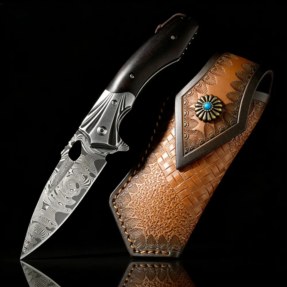 

Utility Outdoor Folding Knife High Hardness Exquisite Knife Damascus Steel Blade Rosewood Handle Hunting Camping Tool