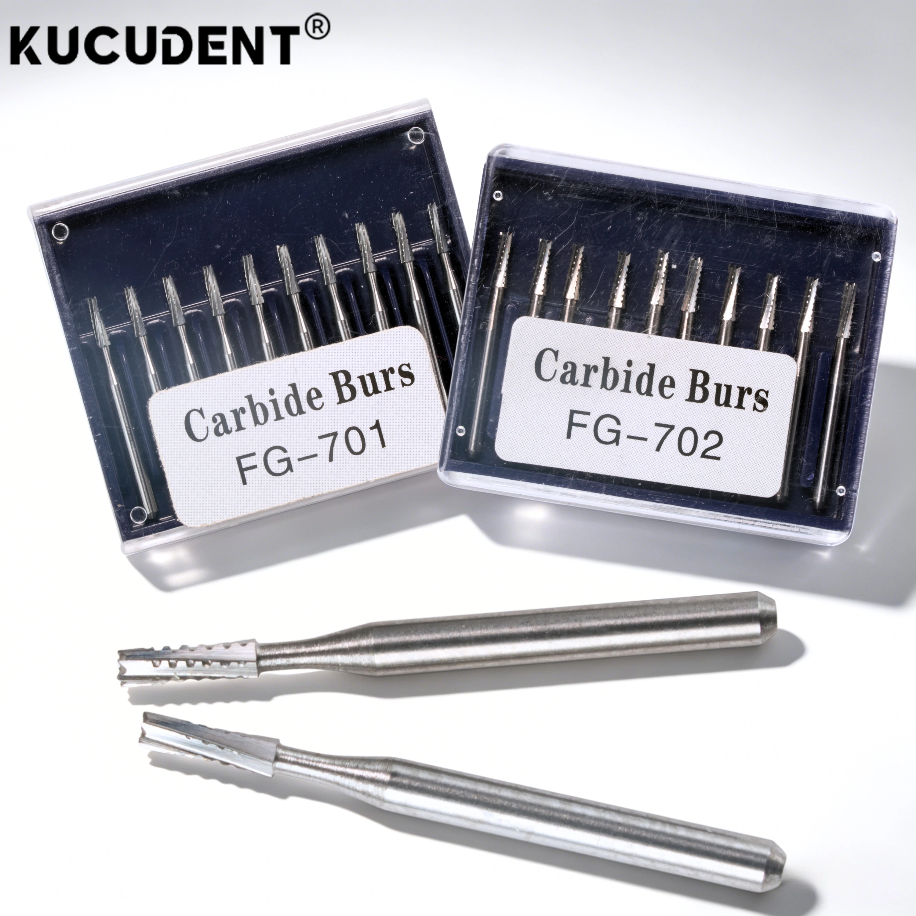 10 peças/caixa Brocas dentais de carboneto, cabeça de fissura cônica com corte cruzado, broca profissional para preparo dentário em consultórios, modelos FG 701/702.