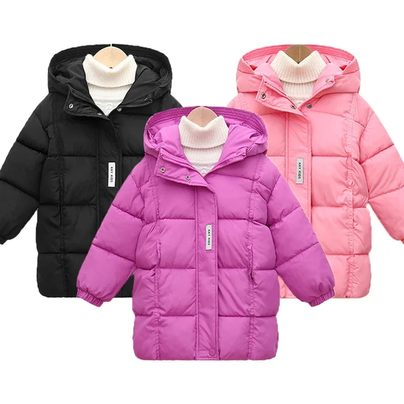 Teen Girls Winter New Jacket Long Style Solid Color Letter Print Thick Keep Warm Hooded Coat Down Cotton Outwear For 3-10Y Kids