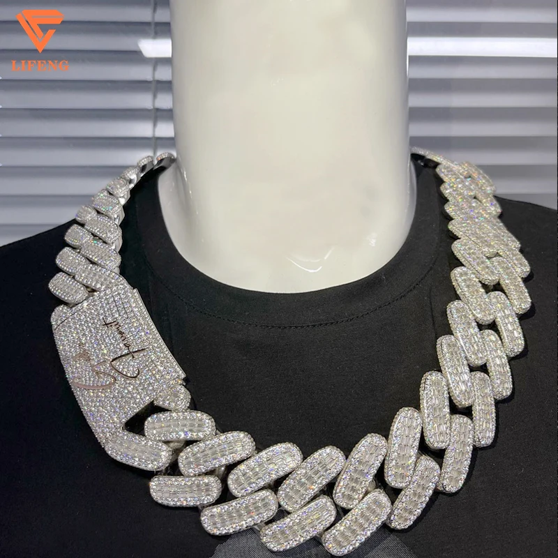 Lifeng Jewelry 30mm Width VVS Moissanite Link Chain Baguette Diamond 925 Sterling Silver Cuban White Gold Necklace Custom Chain