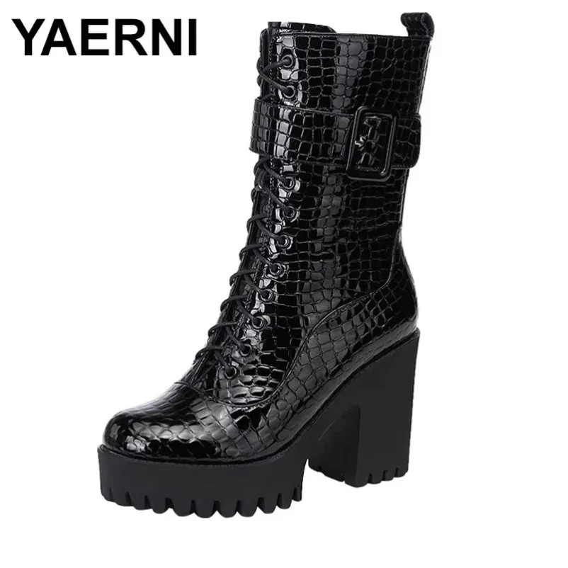 

2025: 10 см, маленькие размеры 32–43, элегантные ботинки на высоком каблуке, лакированная кожаная обувь, зимние ботинки на платформе с толстой пряжкой и мехом