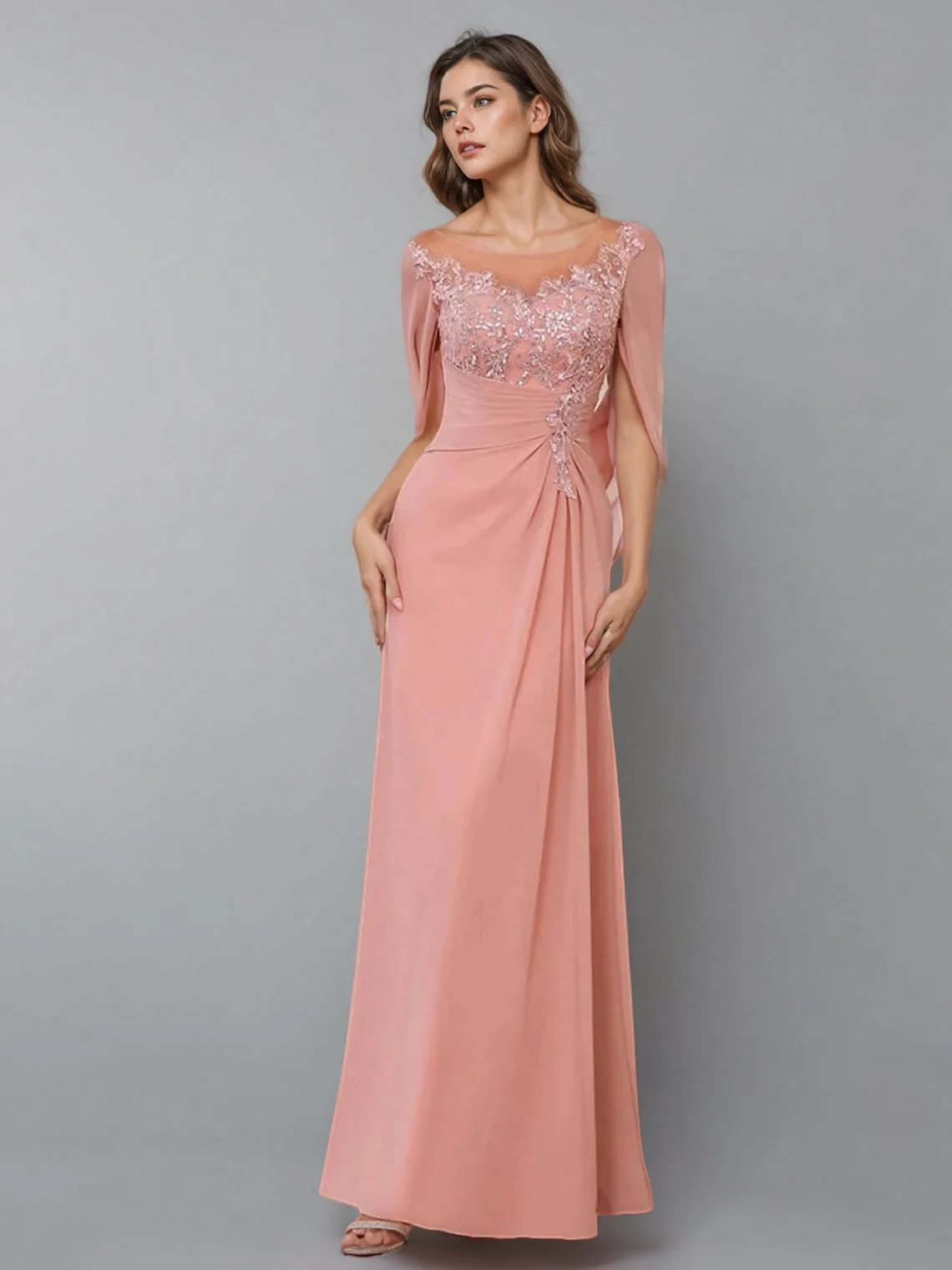 Elegant Mermaid Evening Dress Modern Wedding Guest Dress Cape-Style Sleeve Chiffon Applique Floor Length 2025 Free Customized