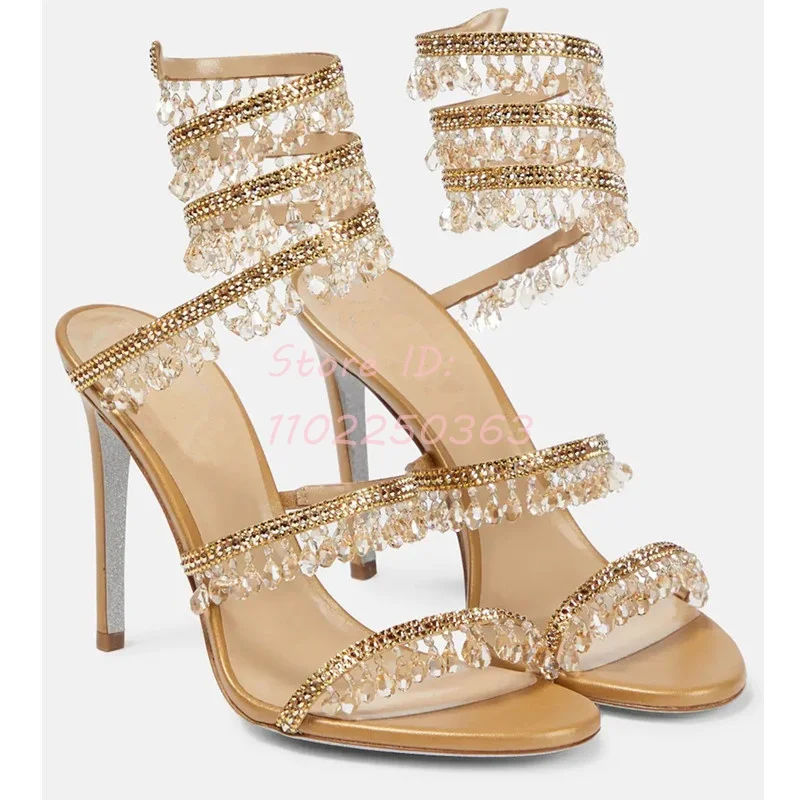 Snake-shaped Crystal Tassel Stiletto Sandals Open-toed Winding Pendant Thin High Heeled Roman Sandals Women Sexy Shoes 2024