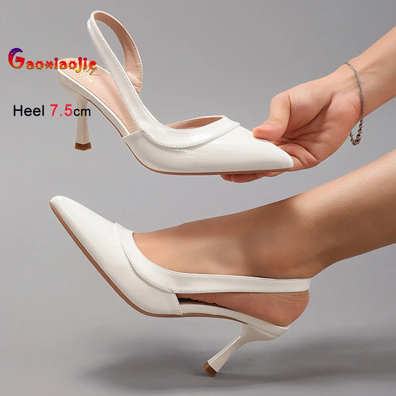 2025 الصيف الأبيض المرأة الصنادل رقيقة عالية الكعب 7.5 سنتيمتر أشار تو الجانب الجوف خارج الظهر فارغة السيدات مضخات أحذية الحفلات حجم 43