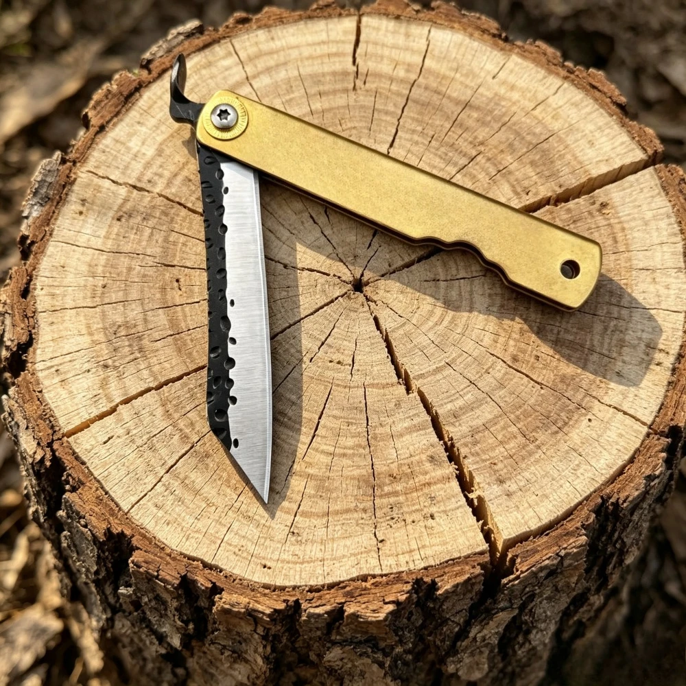High-quality Higonokami Portable Outdoor Forging Folding Knife Copper Handle Camping Fishing & Hiking Knives with Leather Sheath