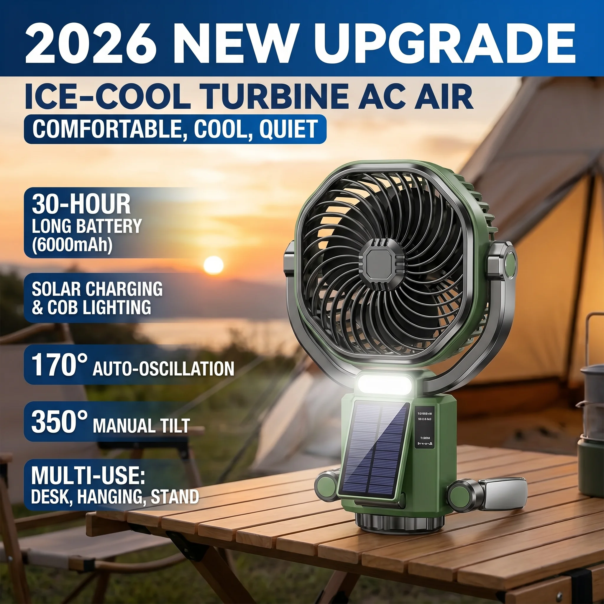 2026 New Upgrade Solar Powered Camping Fan With Automatic Shaking And Portable Ceiling Fan Light, Super Long-lasting Outdoor Ele