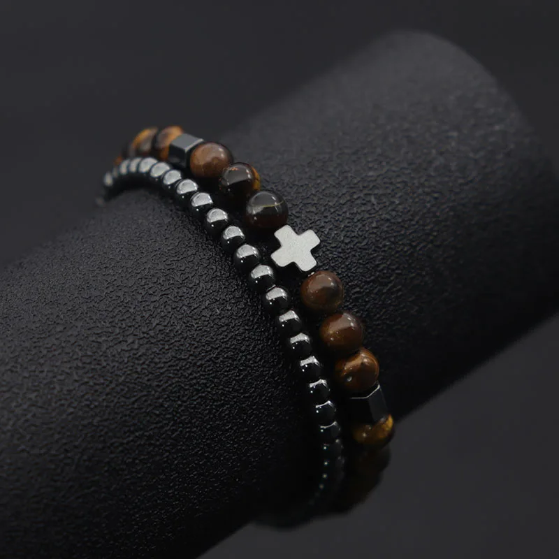 Novel 2Pcs/Set Men Cross Bracelet 4mm Hematite Healing Braslet Natural 6mm Tiger Eyes Lava Howlite Braclet Gift For Boyfriend