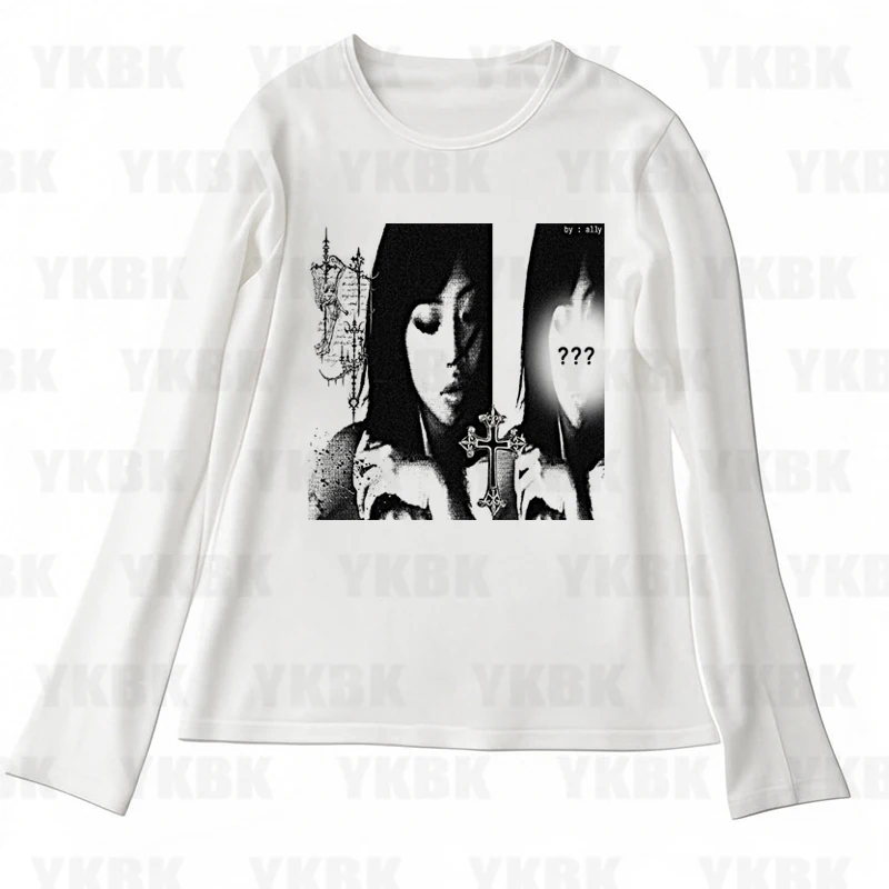 Harajuku Streetwear Frauen Mädchen Punk Lose Lange Hülse O-ansatz Nette Tees Mode Lässig Anime Druck Y2k T-shirts Ästhetischen Vintage