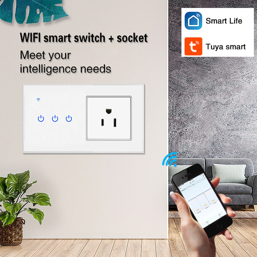 US Smart House Tuya Wifi Switch With Socket  Glass Panel Sensor Button Inteligente Work With Google Home Alexa Voice Control